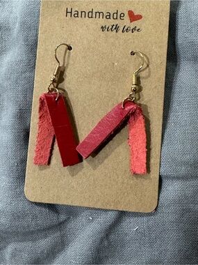 Handmade Red Leather Strip Dangle Earrings with Gold Hooks